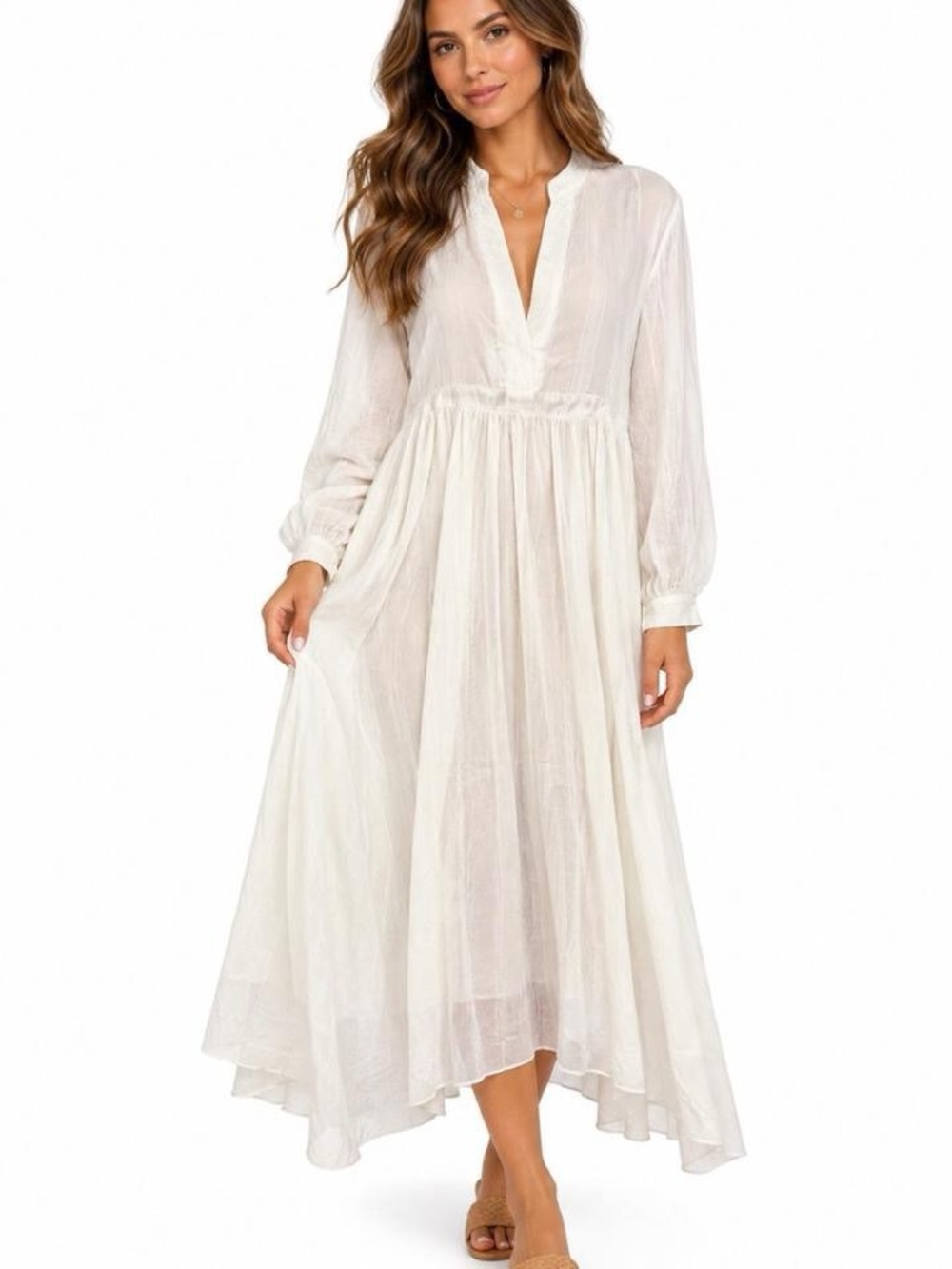 UOOZEE Women's White Midi Dress with Long Sheer Sleeves